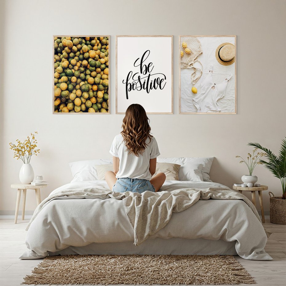 Zestaw obrazy w ramie, plakaty - owoce, cytryny, pozytywne - rama drewno