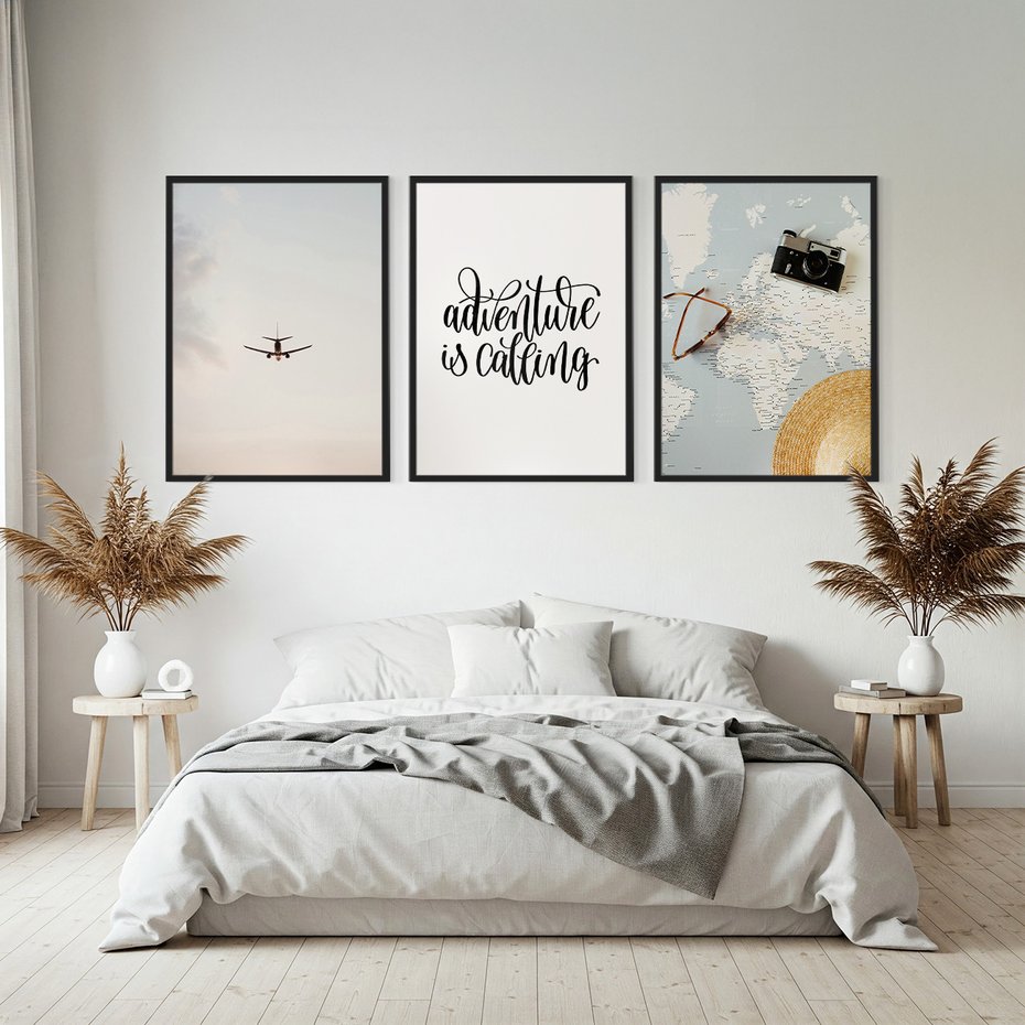 Zestaw obrazy w ramie, plakaty - podróż, samolot, mapa - rama czarna