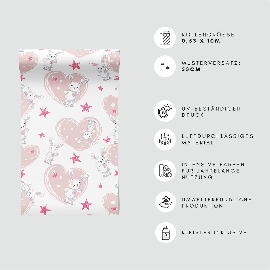 Tapeta - dziecięca, królik, serce, gwiazda