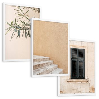 Zestaw obrazy w ramie, plakaty - liście, budynek, okno - rama biała