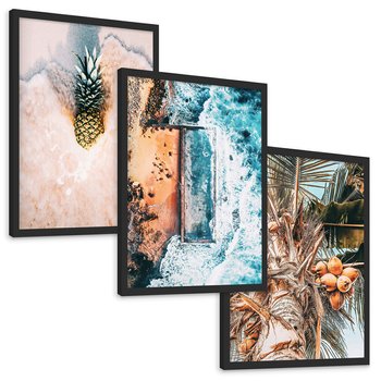 Zestaw obrazy w ramie, plakaty - ananas, plaża, kokosy - rama czarna