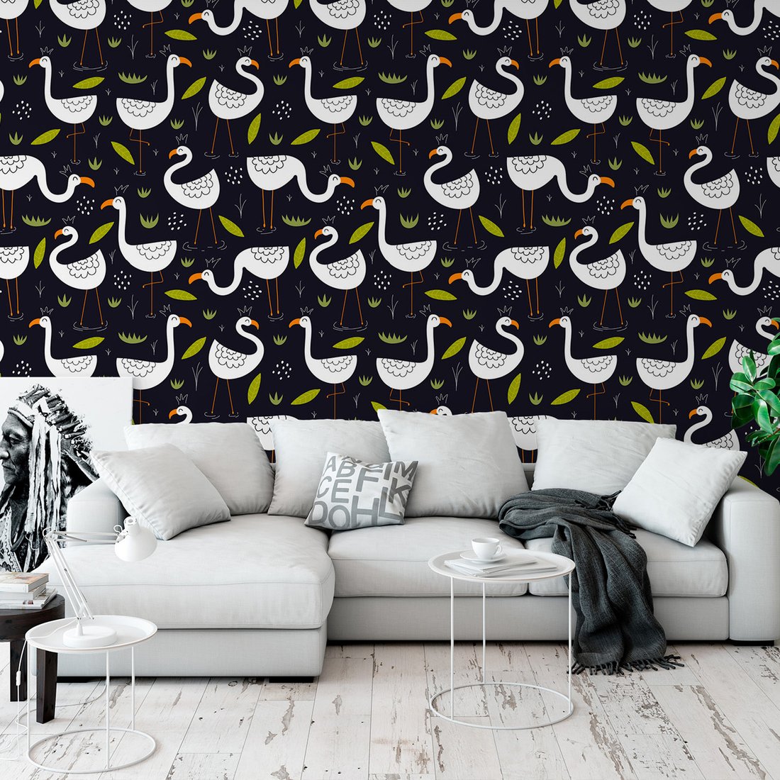 Tapeta - flamingi, liście, woda