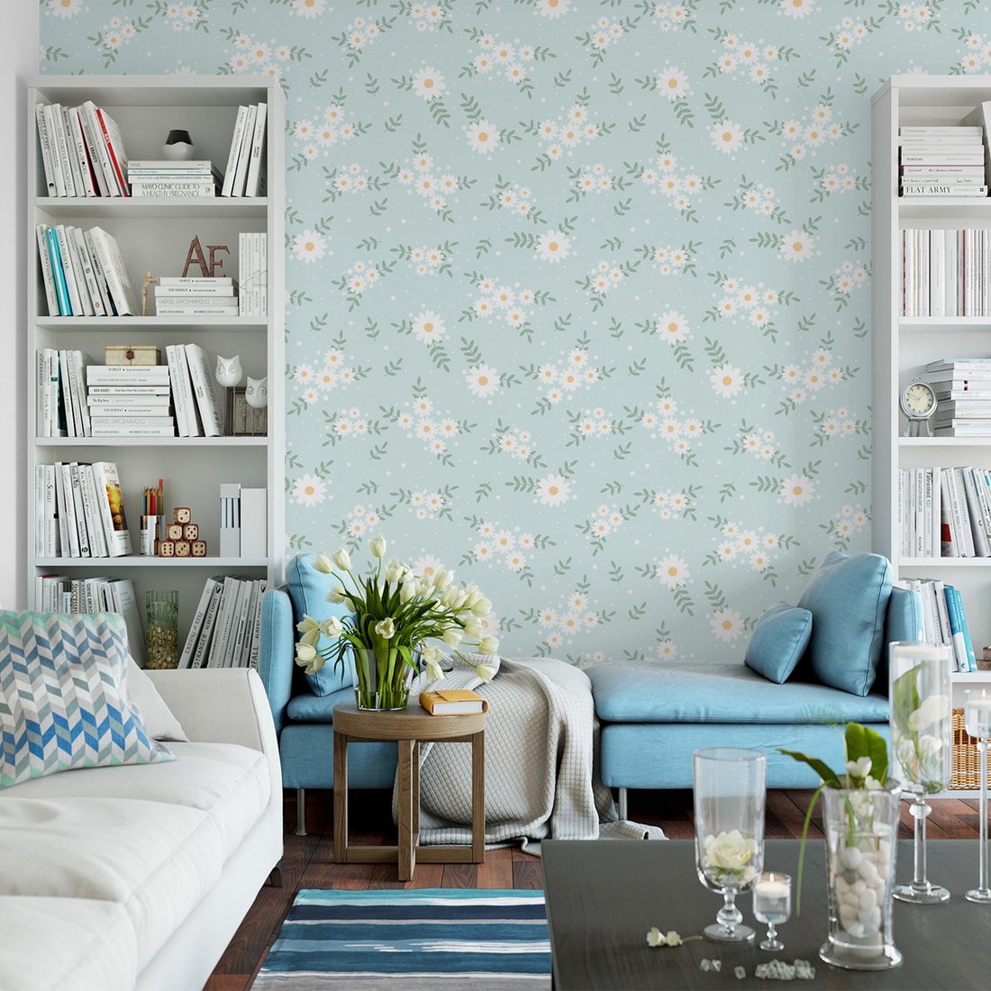 Tapeta - kwiaty, liście, kropki