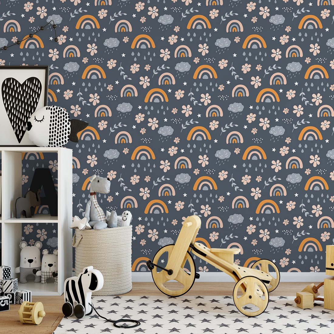 Tapeta - dziecięca, chmura, tęcza, kwiaty