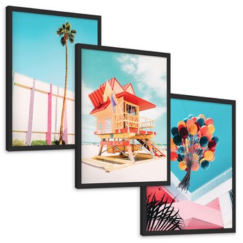 Zestaw obrazy w ramie, plakaty - plaża,palma,budynek - rama czarna