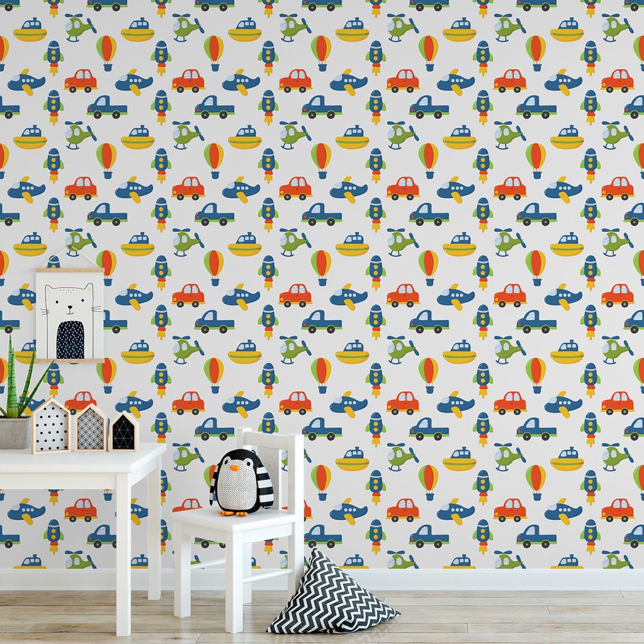 Tapeta - dziecięca, pojazdy, samolot, helikopter