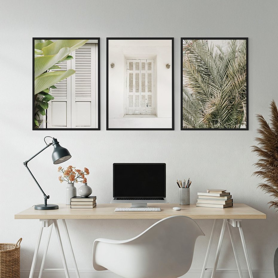 Zestaw obrazy w ramie, plakaty - liście, okno, ściana - rama czarna