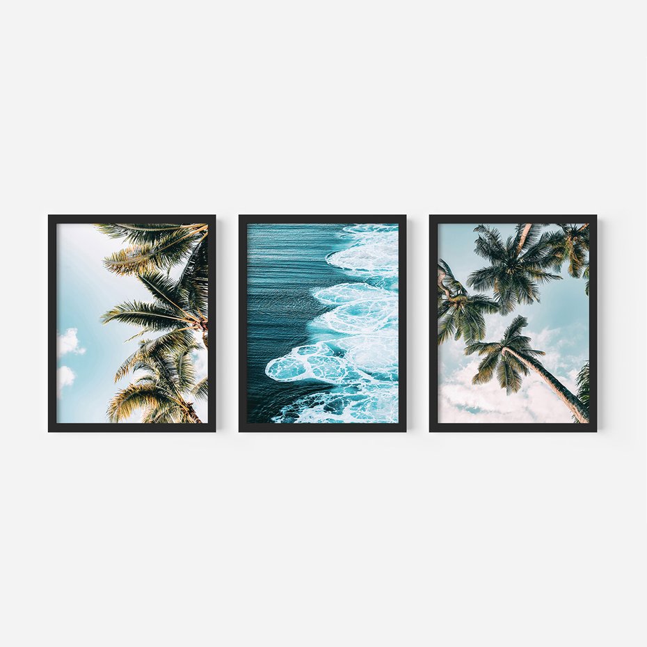 Zestaw obrazy w ramie, plakaty - palmy, morze, woda - rama czarna