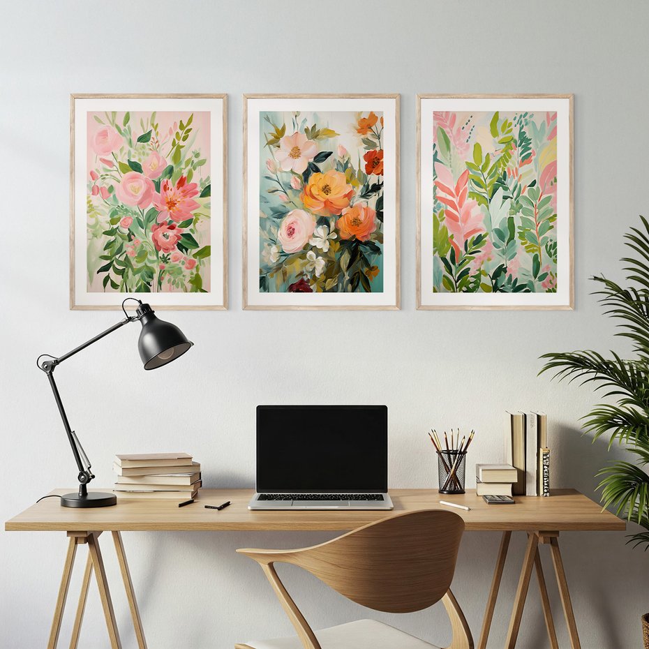 Zestaw obrazy w ramie, plakaty - kwiaty, liście, rośliny - rama drewno