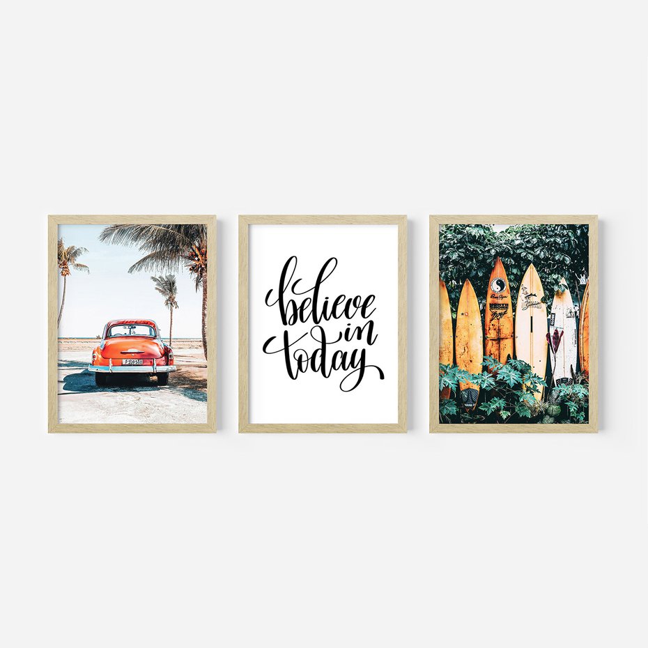 Zestaw obrazy w ramie, plakaty - palmy, samochód, deski surfingowe - rama drewno