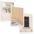 Zestaw obrazy w ramie, plakaty - liście, budynek, okno - rama biała