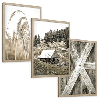 Zestaw obrazy w ramie, plakaty - natura, drewno, wieś - rama drewno