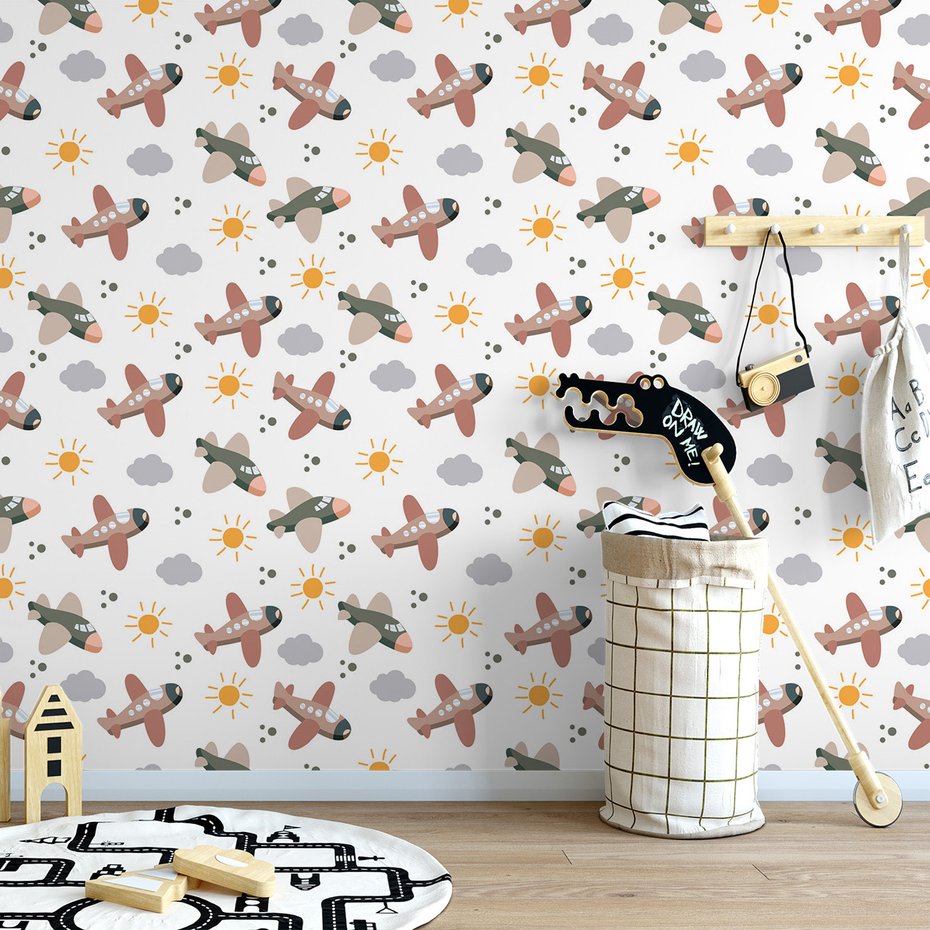 Tapeta - dziecięca, samoloty, słońca, chmury