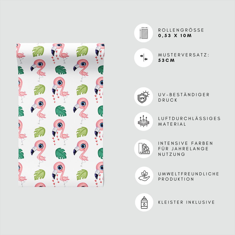 Tapeta - dziecięca, flaming, liść, serce