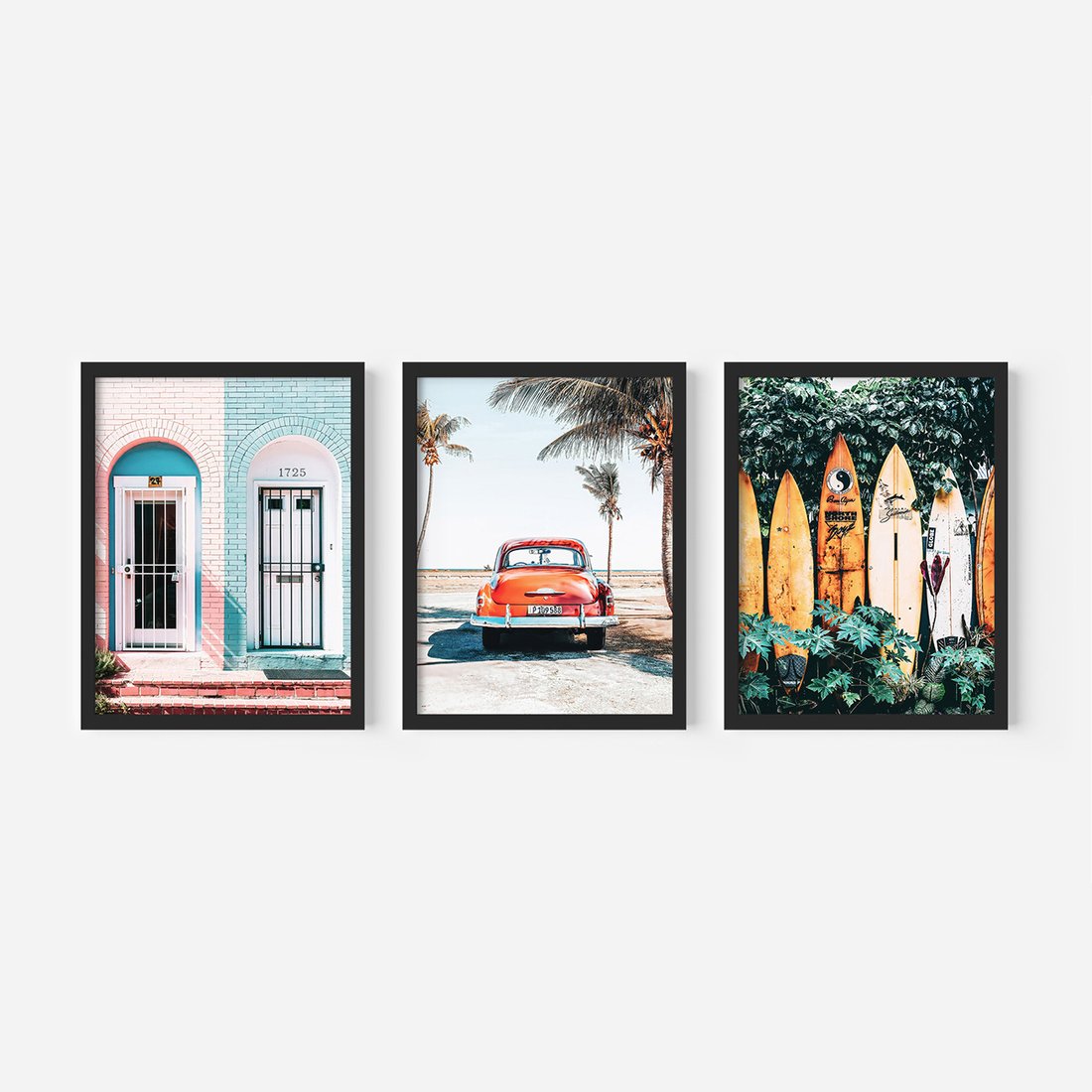 Zestaw obrazy w ramie, plakaty - palmy, samochód, deski surfingowe - rama czarna