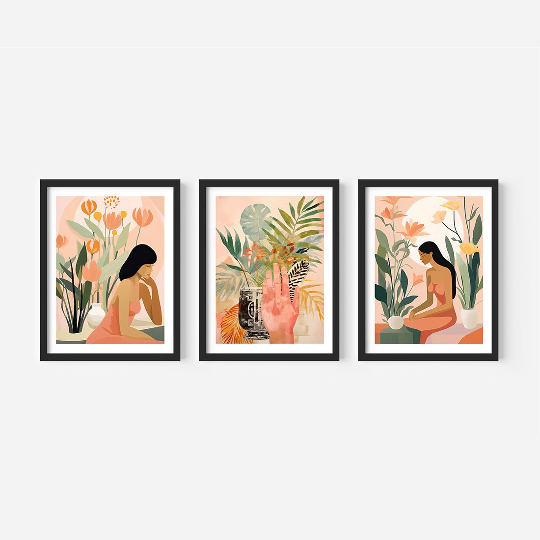 Zestaw obrazy w ramie, plakaty - kobieta, kwiaty, liście - rama czarna