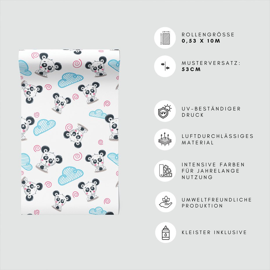 Tapeta - dziecięca, panda, chmura, spirala