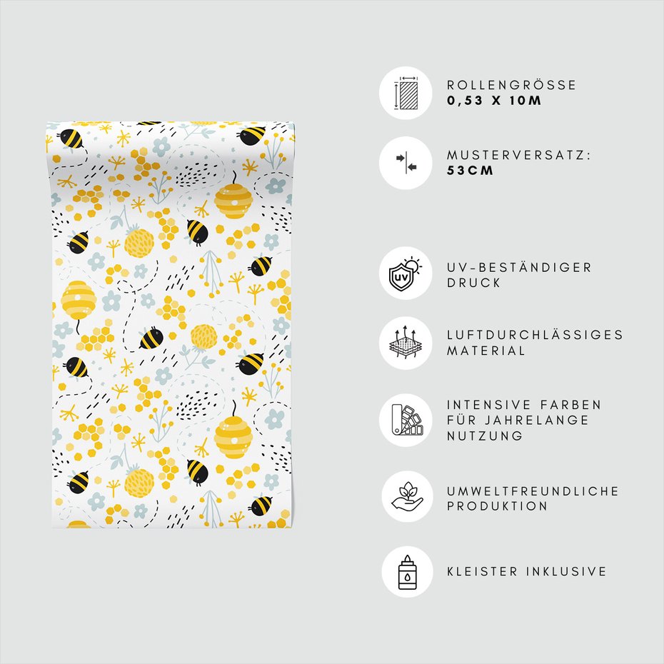 Tapeta - dziecięca, pszczoły, plaster, kwiaty