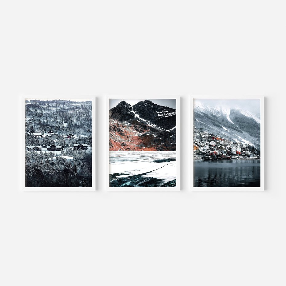 Zestaw obrazy w ramie, plakaty - śnieg, góry, zima - rama biała