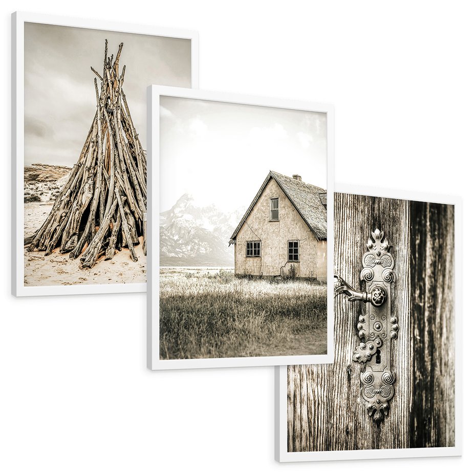 Zestaw obrazy w ramie, plakaty - vintage, dom, drewno - rama biała