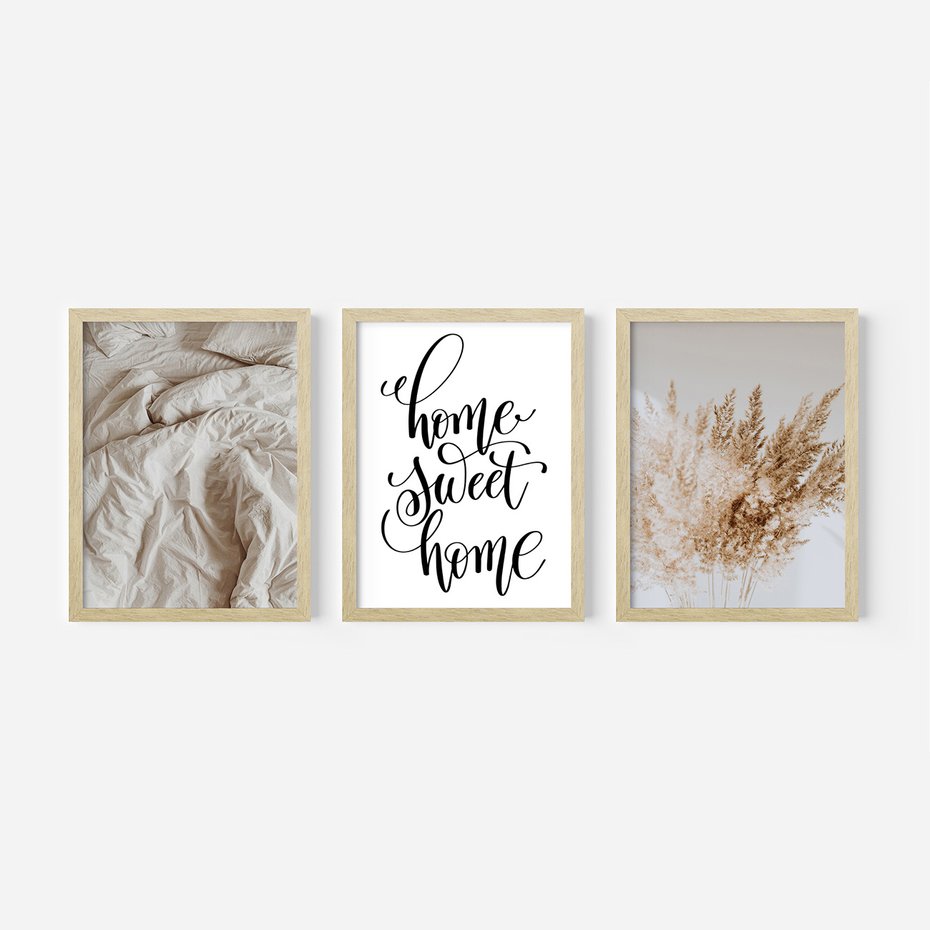 Zestaw obrazy w ramie, plakaty - trawa, beżowy, pismo - rama drewno