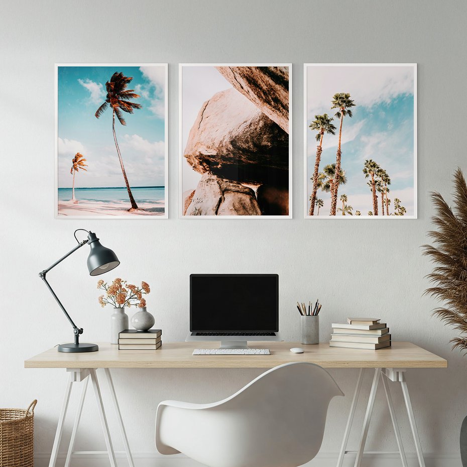 Zestaw obrazy w ramie, plakaty - palmy, skały, niebo - rama biała