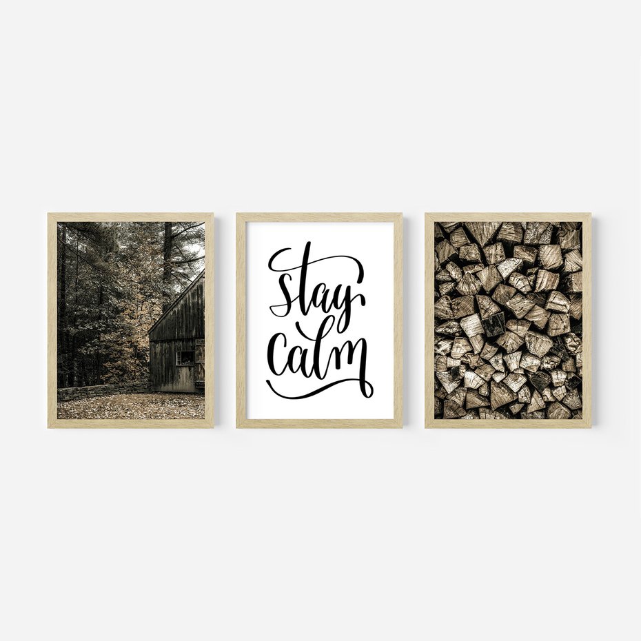 Zestaw obrazy w ramie, plakaty - drewno,domek,las - rama drewno