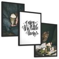 Zestaw obrazy w ramie, plakaty - jesień, napój, kot - rama czarna
