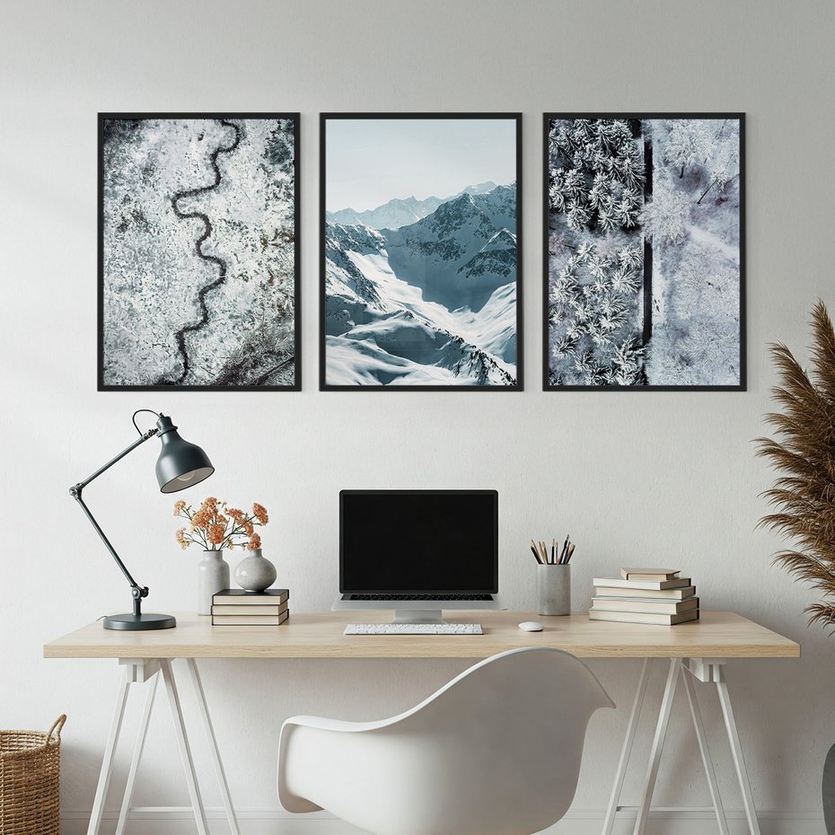 Zestaw obrazy w ramie, plakaty - zima, śnieg, góry - rama czarna