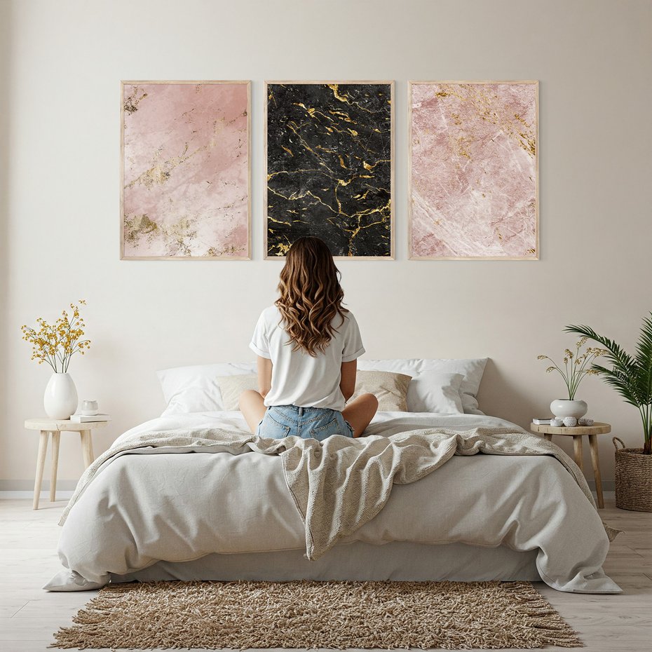 Zestaw obrazy w ramie, plakaty - marmur, tekstura, złoto - rama drewno