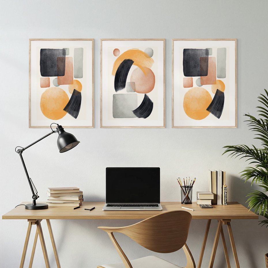 Zestaw obrazy w ramie, plakaty - abstrakcja, geometryczne, kształty - rama drewno
