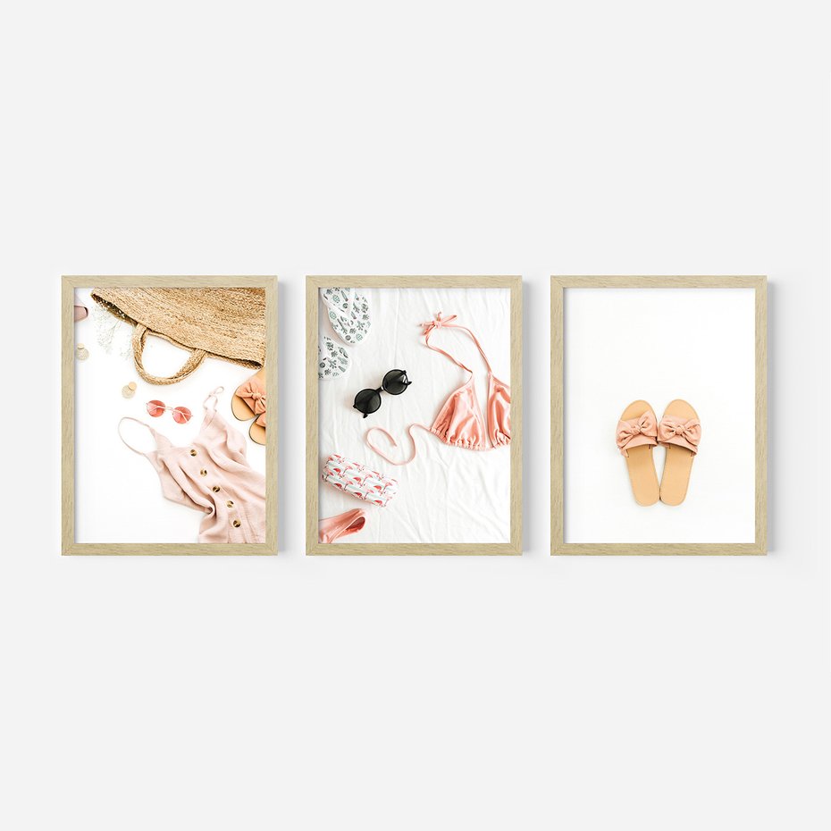 Zestaw obrazy w ramie, plakaty - moda, lato, akcesoria - rama drewno