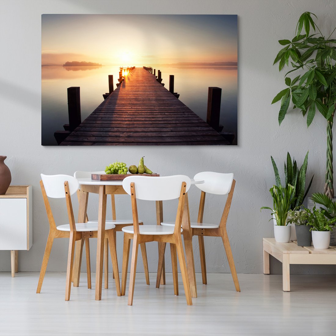 Obraz na płótnie - jezioro, pomost, wschód słońca