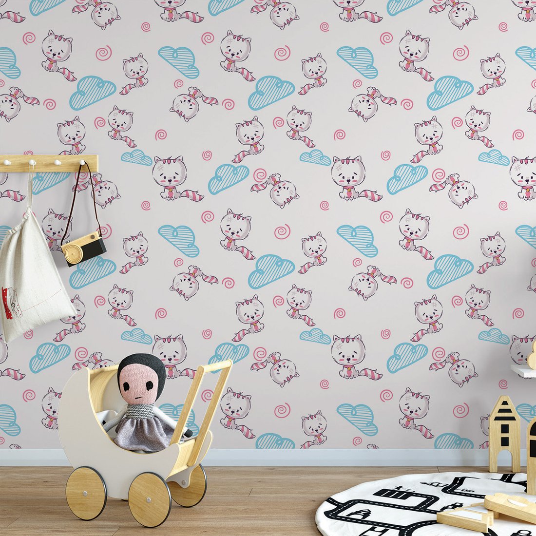 Tapeta - dziecięca, koty, chmury, spirale
