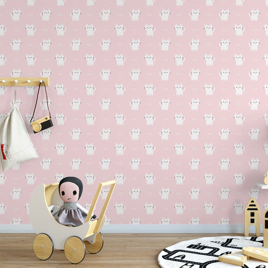 Tapeta - dziecięca, koty, ryby, tło