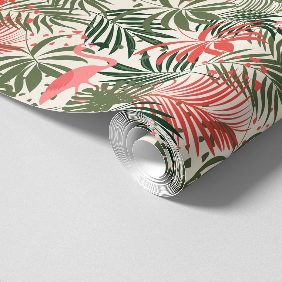 Tapeta - flamingo, liście, tropiki