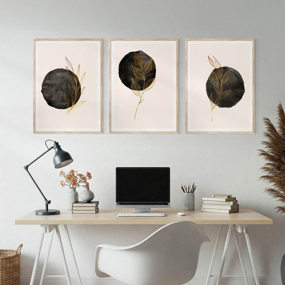 Zestaw obrazy w ramie, plakaty - liście, kropka, abstrakcja - rama drewno