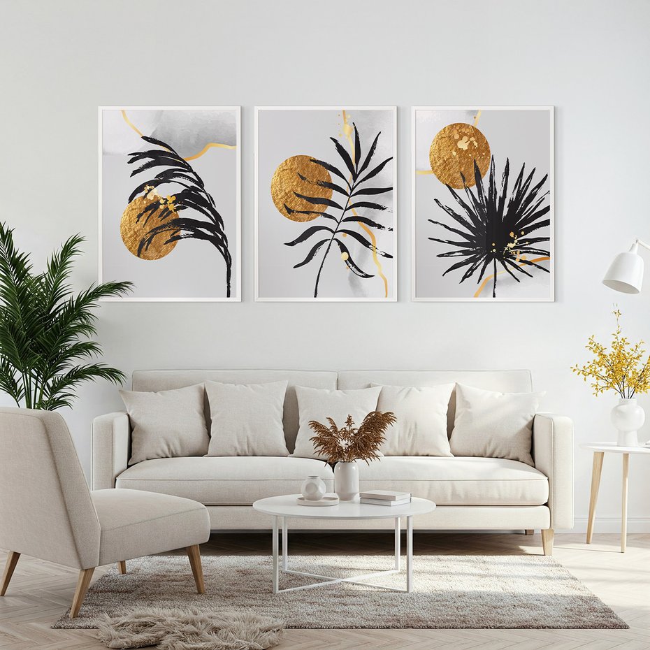 Zestaw obrazy w ramie, plakaty - liście, abstrakcja, złoto - rama biała