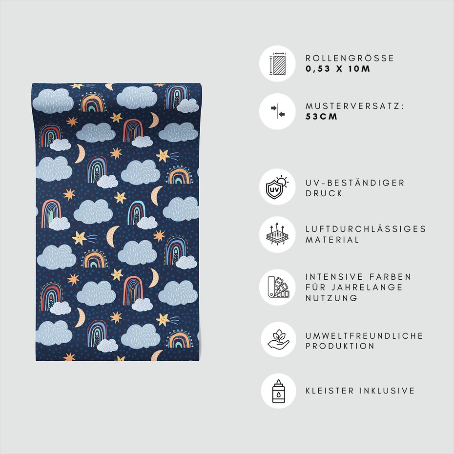 Tapeta - dziecięca, chmury, gwiazdy, tęcze