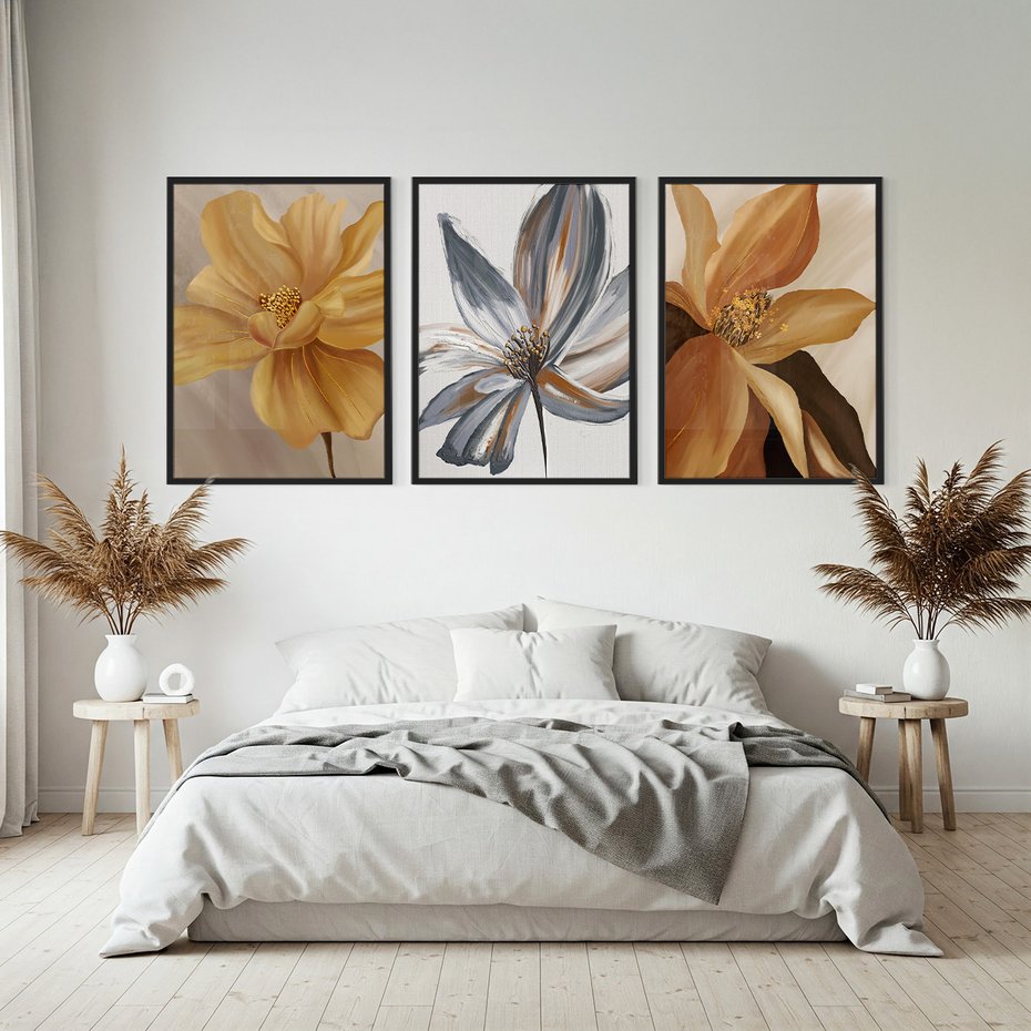 Zestaw obrazy w ramie, plakaty - kwiaty, płatki, dekoracja - rama czarna