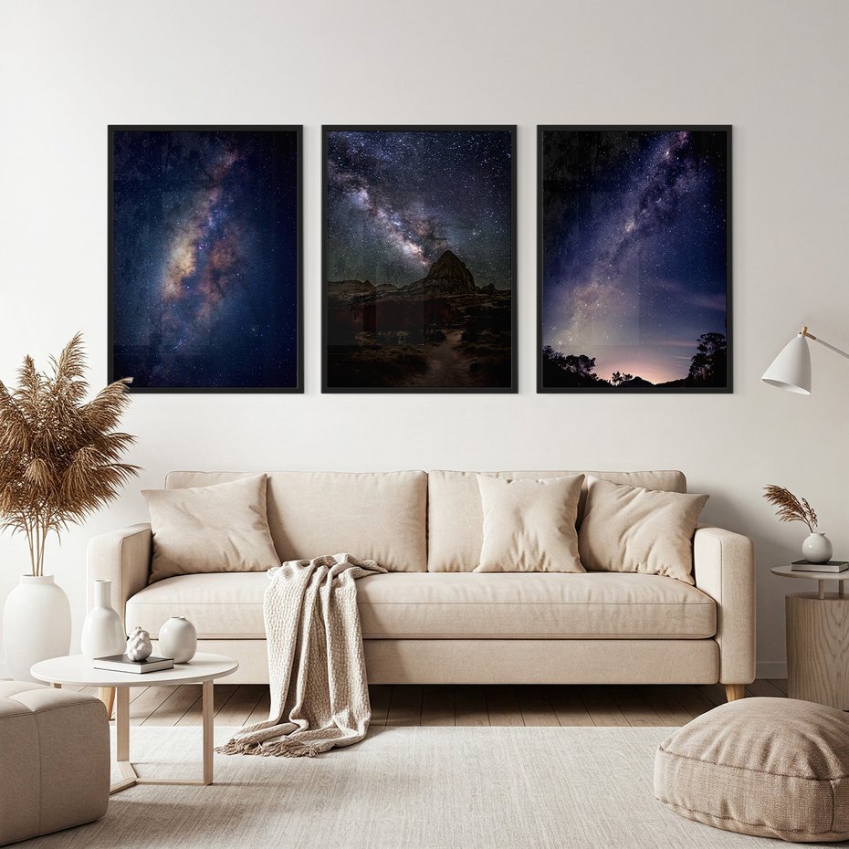 Zestaw obrazy w ramie, plakaty - gwiazdy, noc, galaktyka - rama czarna