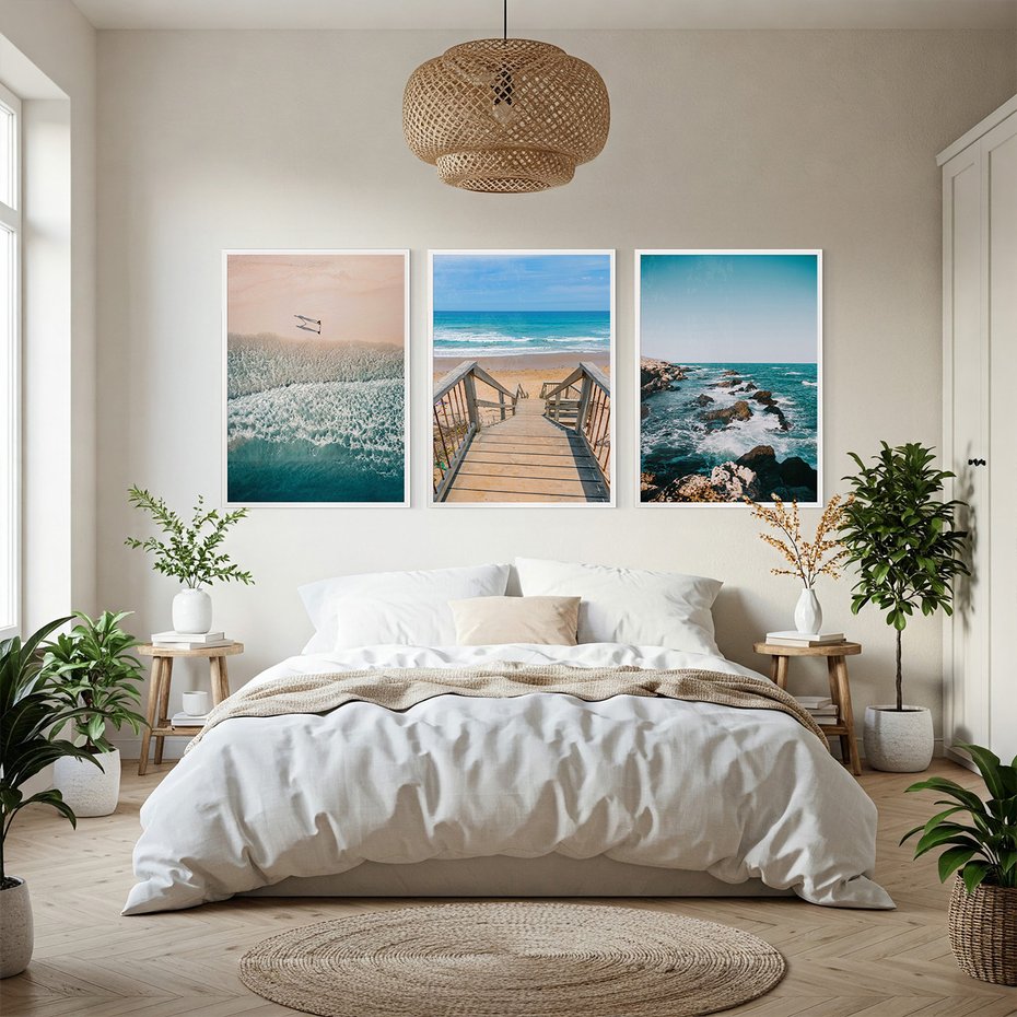 Zestaw obrazy w ramie, plakaty - plaża, morze, woda - rama biała