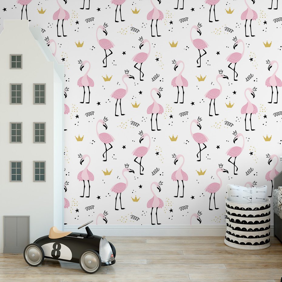 Tapeta - dziecięca, flaming, korona, gwiazda