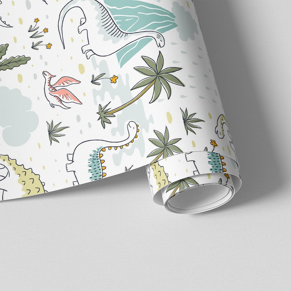 Tapeta - dziecięca, dinozaury, palmy, góry