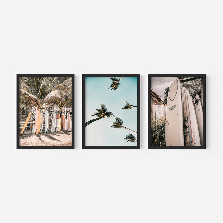 Zestaw obrazy w ramie, plakaty - palmy, deski surfingowe, plaża - rama czarna