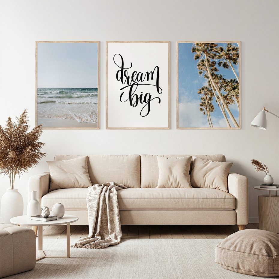 Zestaw obrazy w ramie, plakaty - plaża,palmy,morze - rama drewno