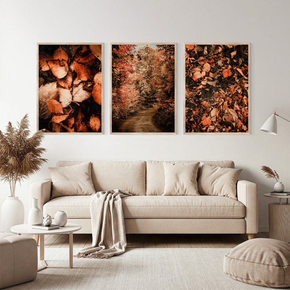Zestaw obrazy w ramie, plakaty - liście,jesień,drzewa - rama drewno