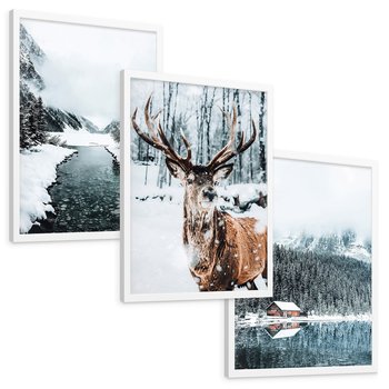 Zestaw obrazy w ramie, plakaty - zima, śnieg, krajobraz - rama biała