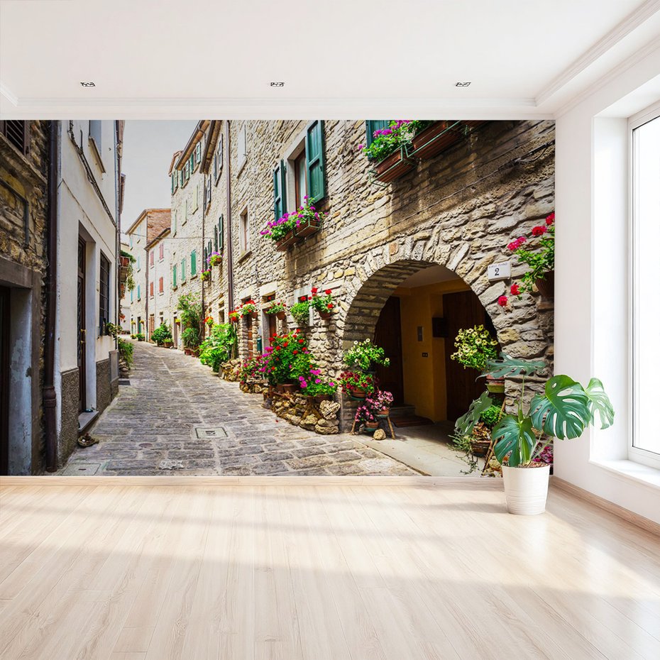 Fototapeta - uliczka, kwiaty, budynki