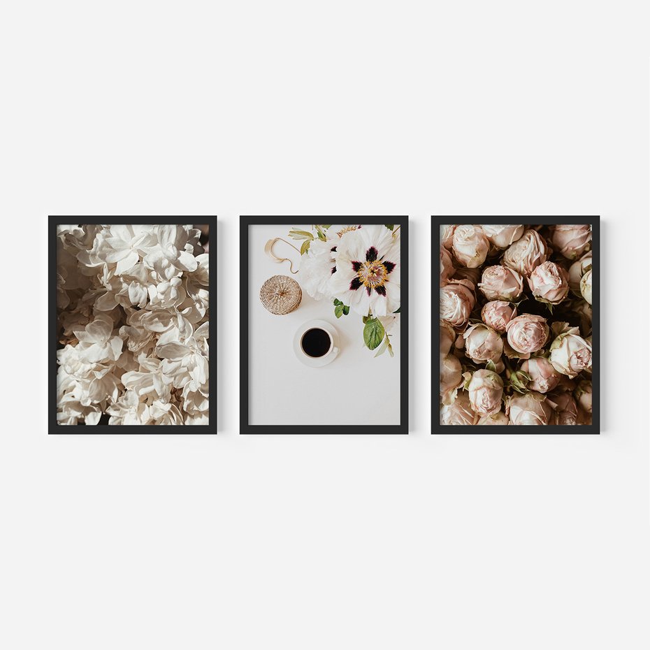 Zestaw obrazy w ramie, plakaty - kwiaty, róże, bukiet - rama czarna